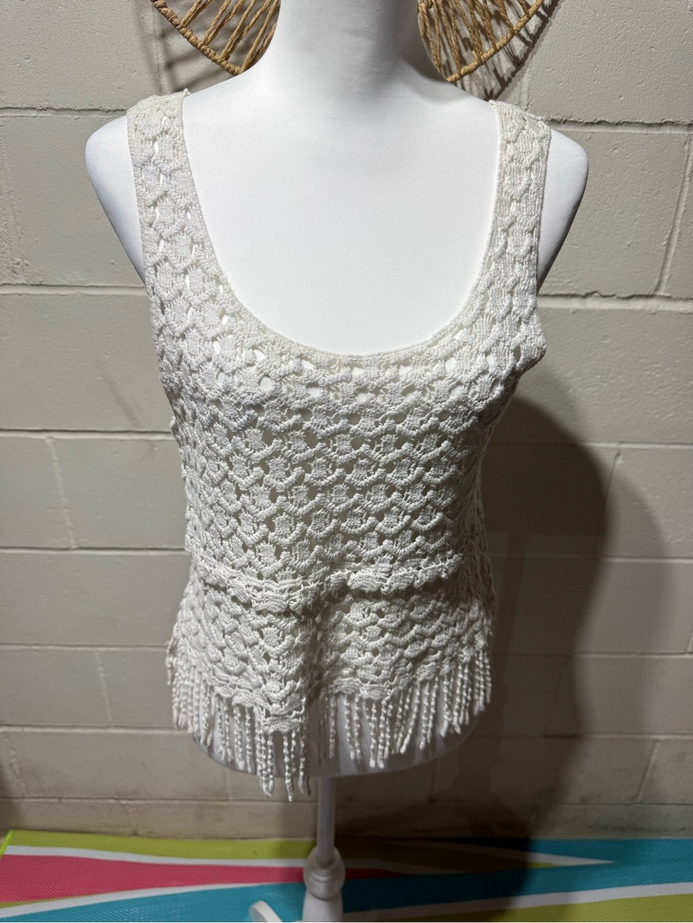 Timing White Crochet Fringe Tank Coverup